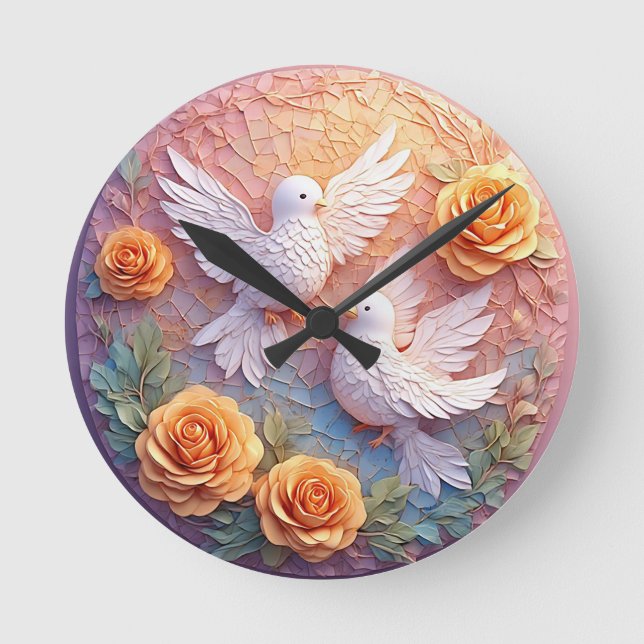 Two White Doves Amidst a Floral Pattern Round Clock (Front)