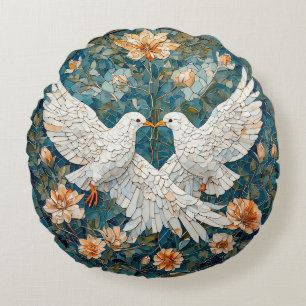 Two White Doves Amidst a Floral Pattern Round Pillow