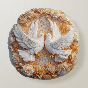 Two White Doves Amidst a Floral Pattern Round Pillow
