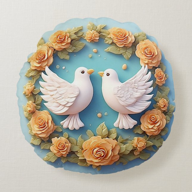 Two White Doves Amidst a Floral Pattern Round Pillow (Front)
