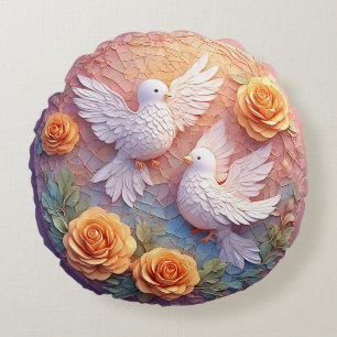 Two White Doves Amidst a Floral Pattern Round Pillow