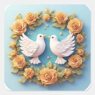 Two White Doves Amidst a Floral Pattern Square Sticker