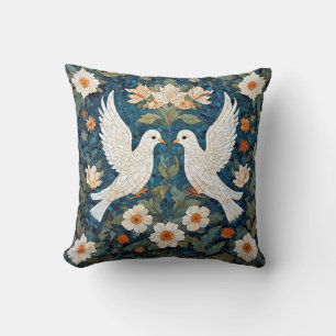 Two White Doves Amidst a Floral Pattern Throw Pillow