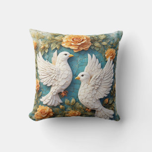 Two White Doves Amidst a Floral Pattern Throw Pillow