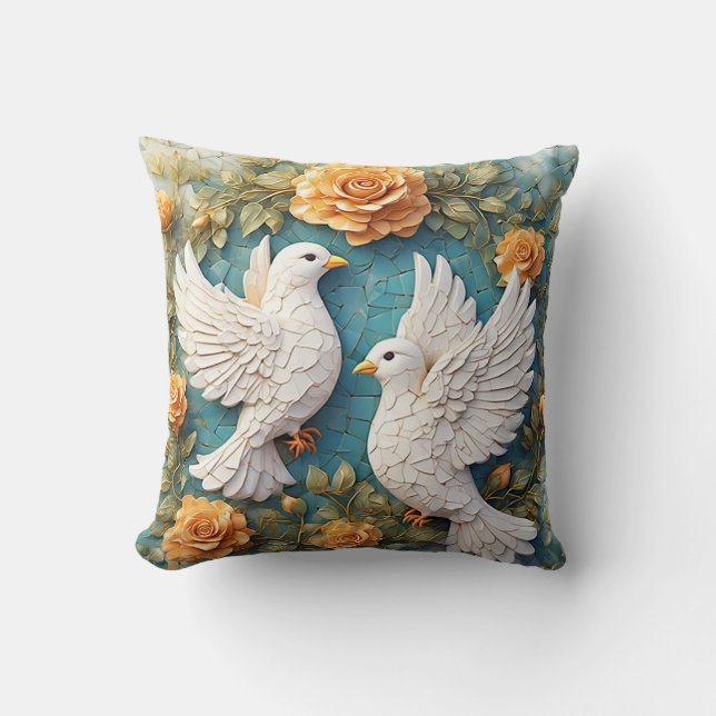 Two White Doves Amidst a Floral Pattern Throw Pillow (Front)