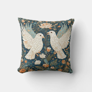 Two White Doves Amidst a Floral Pattern Throw Pillow