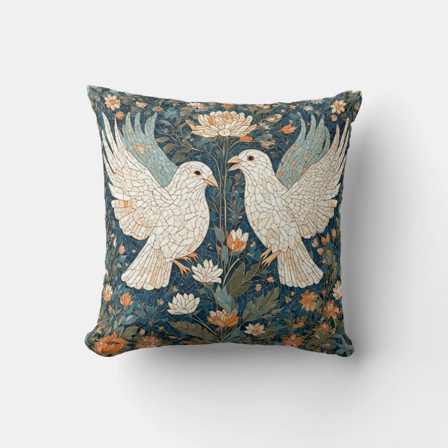 Two White Doves Amidst a Floral Pattern Throw Pillow (Front)