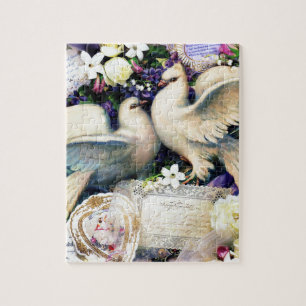 Two White Doves Birds Flowers Vintage Jigsaw Puzzle