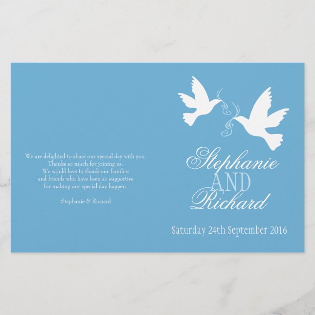Two white doves blue ribbon Wedding Programme (Front)