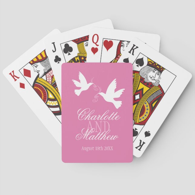 Two white doves pink wedding name playing cards (Back)