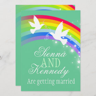 Two white doves rainbow wedding green colour invit invitation