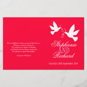Two white doves red pink ribbon Wedding Programme