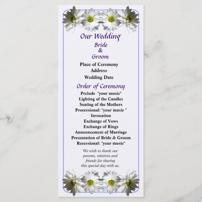 Two White Frilly Daisies Wedding Program (Front)
