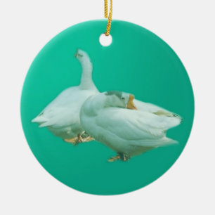 two white geese in blue background ceramic ornament
