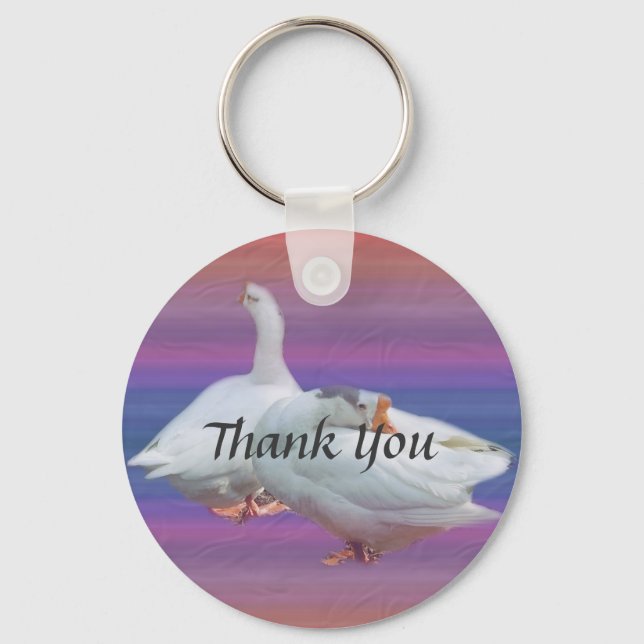 two white geese in fancy  background. thank you keychain (Front)