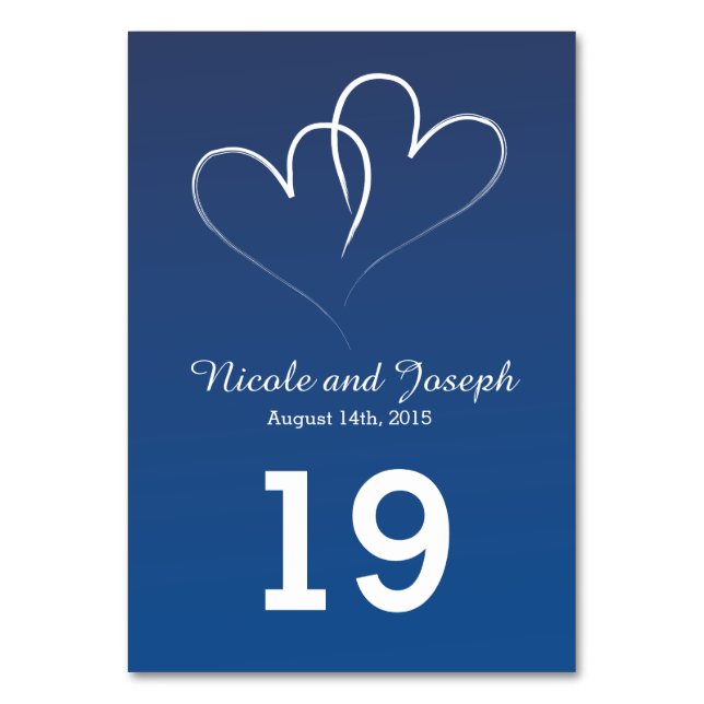 Two White Hearts intertwined - nautical blue Table Number (Front)