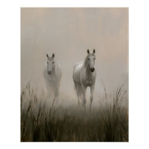 Two White Horses in a Misty Meadow Painting Poster