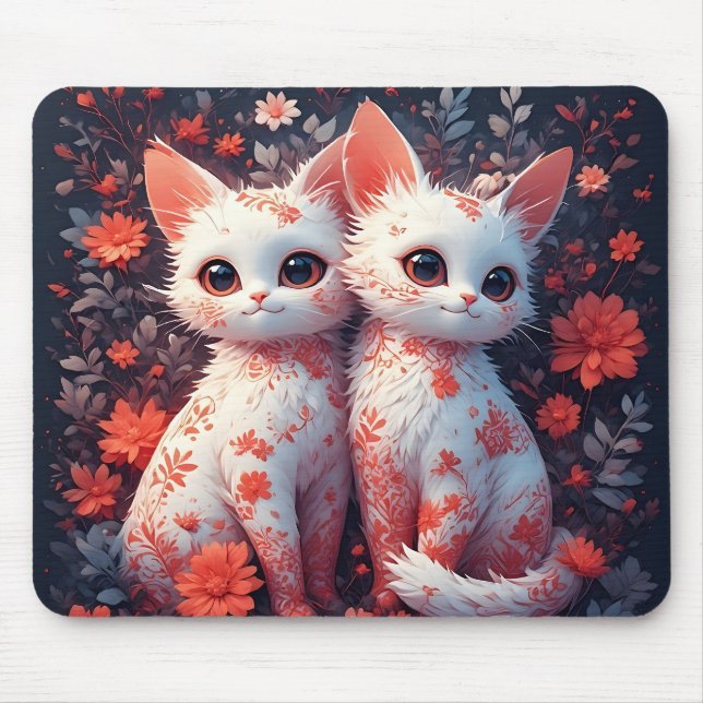 Two White Kittens and flowers Mouse Pad (Front)