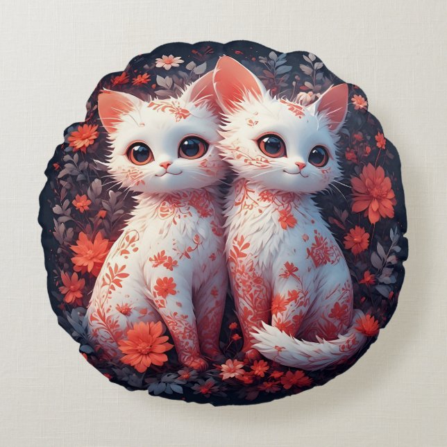 Two White Kittens and flowers Round Pillow (Front)