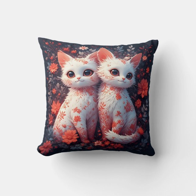 Two White Kittens and flowers Throw Pillow (Front)