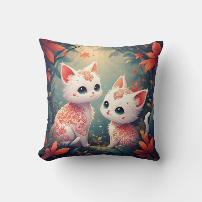 Two White Kittens in a Magical Forest Throw Pillow (Front)