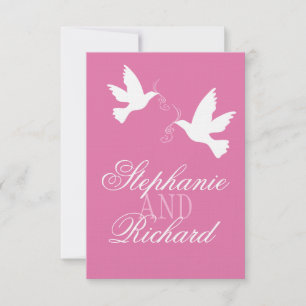 Two white love birds pink formal wedding RSVP