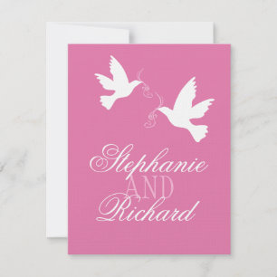 Two white love birds pink formal wedding RSVP Card