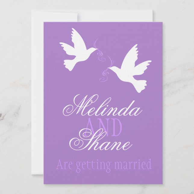 Two white love birds purple formal wedding invite (Front)