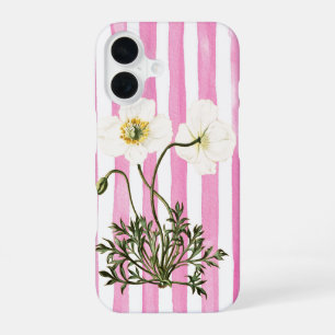 Two White Poppies on Faded Pink Denim Stripes iPhone 16 Case