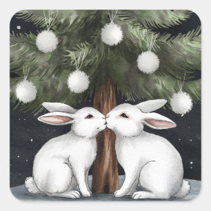 Two White Rabbits Kissing Under Christmas Tree Square Sticker