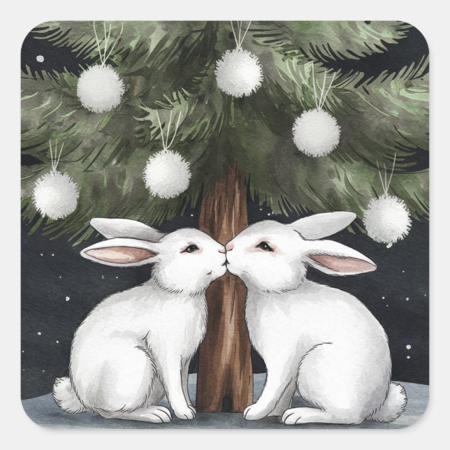Two White Rabbits Kissing Under Christmas Tree Square Sticker (Front)