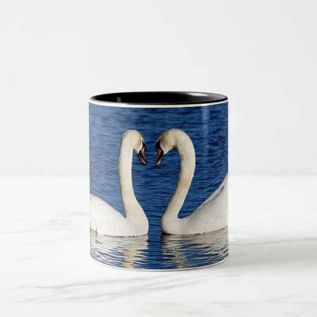 Two White Swans Form Heart Sign Two-Tone Coffee Mug (Center)