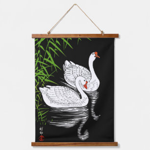 Two White Swans on a Pool - Vintage Japanese Hanging Tapestry