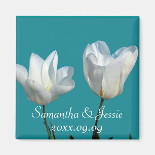 two white tulip flowers, save the date magnet