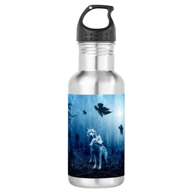 Two white wolves in the wild forest 532 ml water bottle (Front)