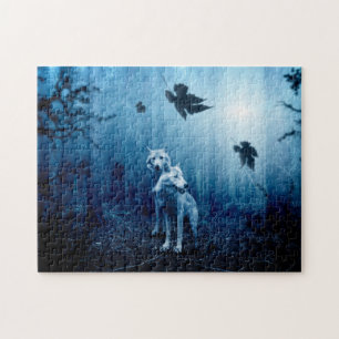 Two white wolves in the wild forest jigsaw puzzle