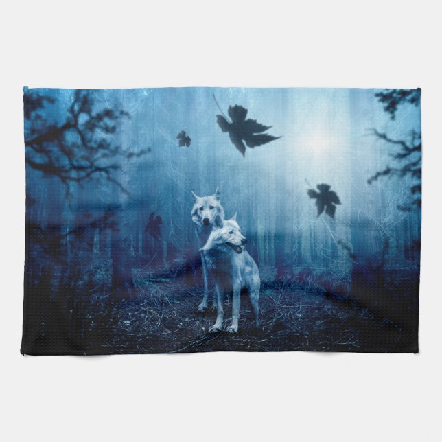 Two white wolves in the wild forest kitchen towel (Horizontal)