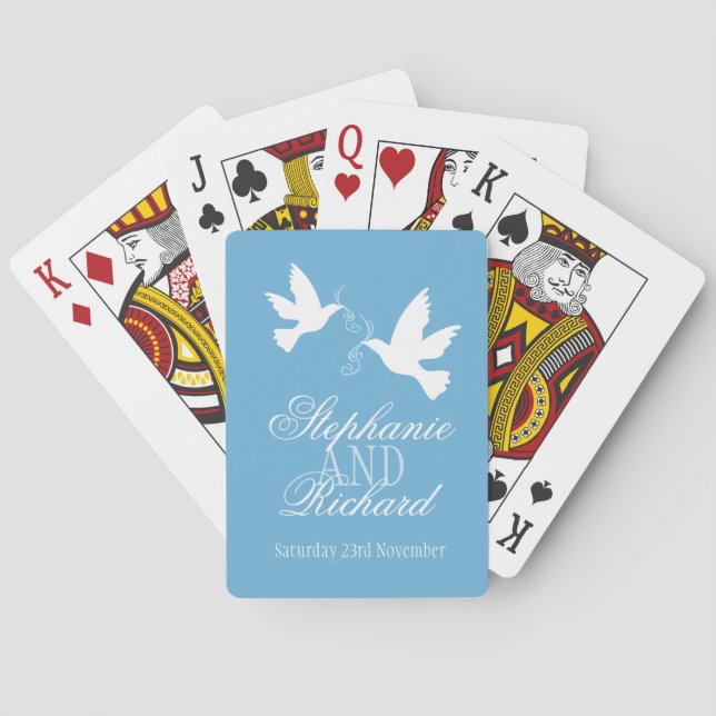 Two whites dove blue wedding name playing cards (Back)