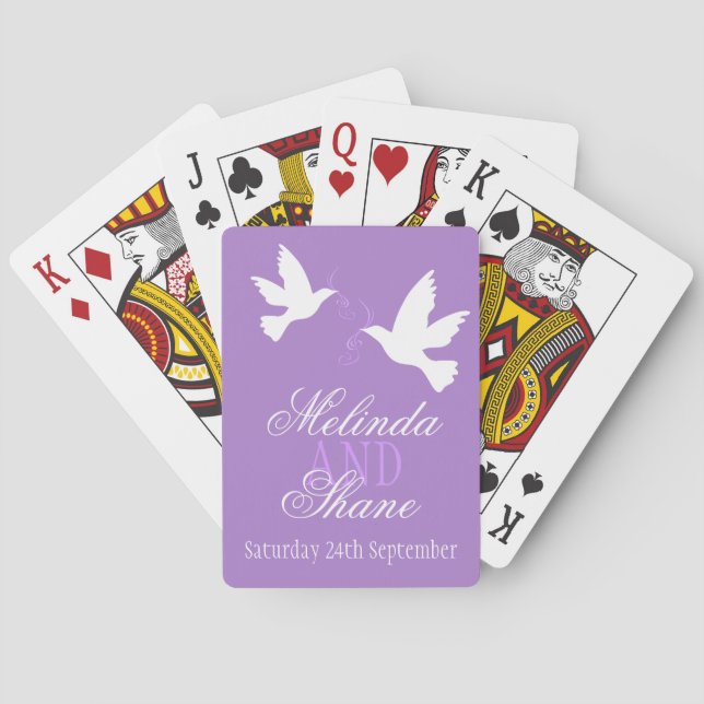 Two whites doves purple wedding name playing cards (Back)
