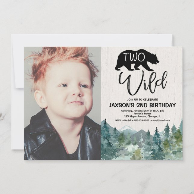 Two Wild 2nd birthday boy rustic mountains photo Invitation (Front)
