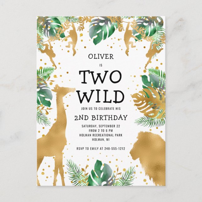 Two Wild 2nd Birthday Party Green Gold Safari Postcard (Front)