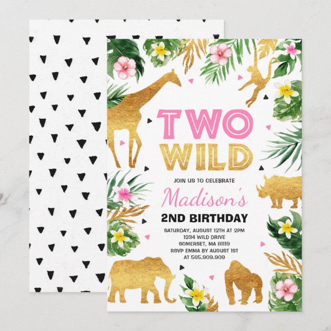 Two Wild 2nd Birthday Party Safari Animals Party Invitation (Front/Back)
