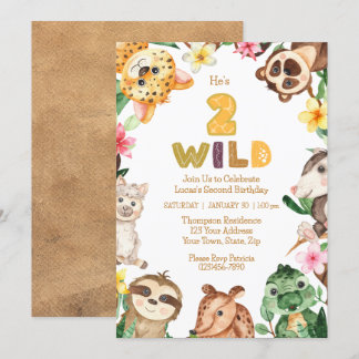 Two Wild 2nd Birthday Party Safari Animals Party  Invitation