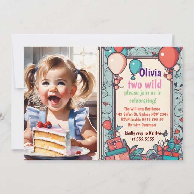 Two Wild 2nd Birthday Safari Animals Cute Photo In Invitation (Front)