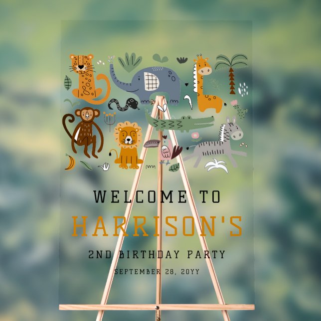 Two Wild 2nd Birthday Safari Animals Kids Welcome Acrylic Sign (Neutral)