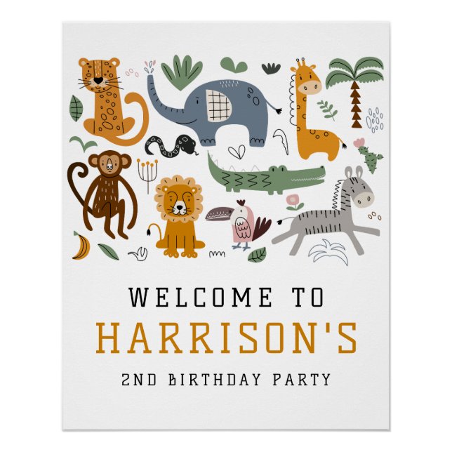 Two Wild 2nd Birthday Safari Animals Kids Welcome Poster (Front)