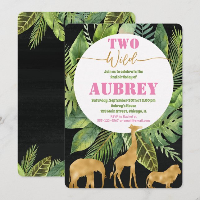 Two wild 2nd second birthday girl invitations (Front/Back)
