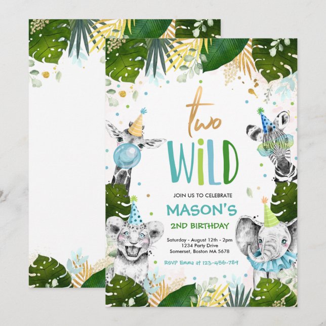 Two Wild Birthday Gold Safari Jungle Animals Party Invitation (Front/Back)