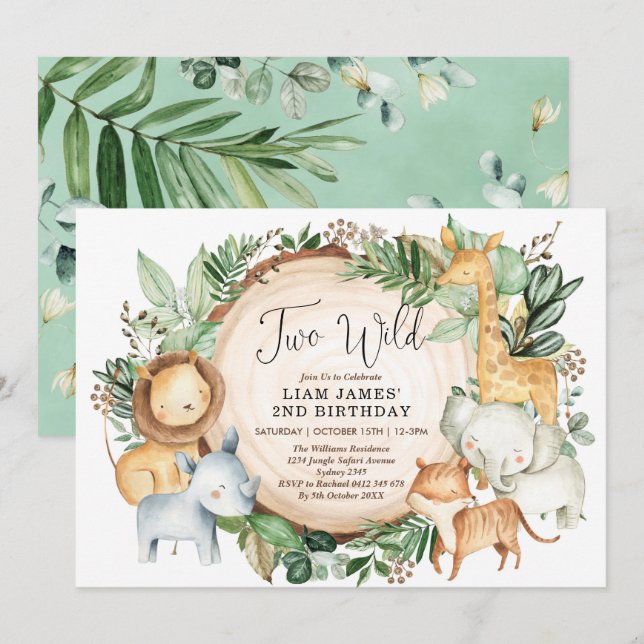 TWO WILD / Botanical Greenery Jungle 2nd Birthday Invitation (Front/Back)
