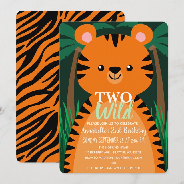 Two Wild Cute Tiger Kids Second Birthday Invitation (Front/Back)